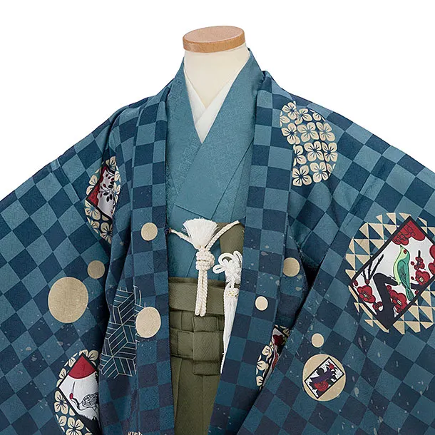 簡単七五三(5歳6歳男児) 0753 ブルーグレー 花札市松／オリーブグリーン袴