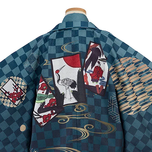 簡単七五三(5歳6歳男児) 0753 ブルーグレー 花札市松／オリーブグリーン袴