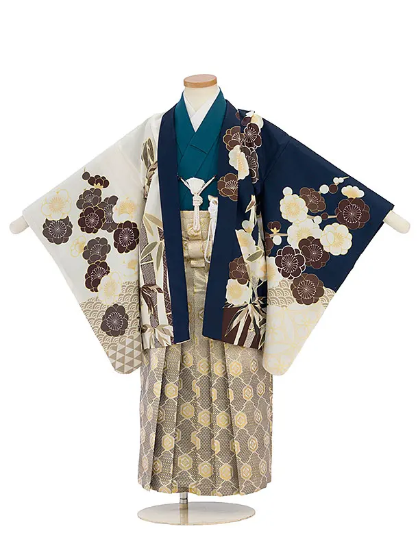 七五三レンタル(5歳6歳男児) 0754 紺×オフホワイト 梅／金亀甲ぼかし袴