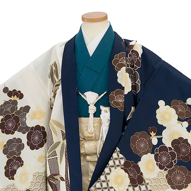 七五三レンタル(5歳6歳男児) 0754 紺×オフホワイト 梅／金亀甲ぼかし袴