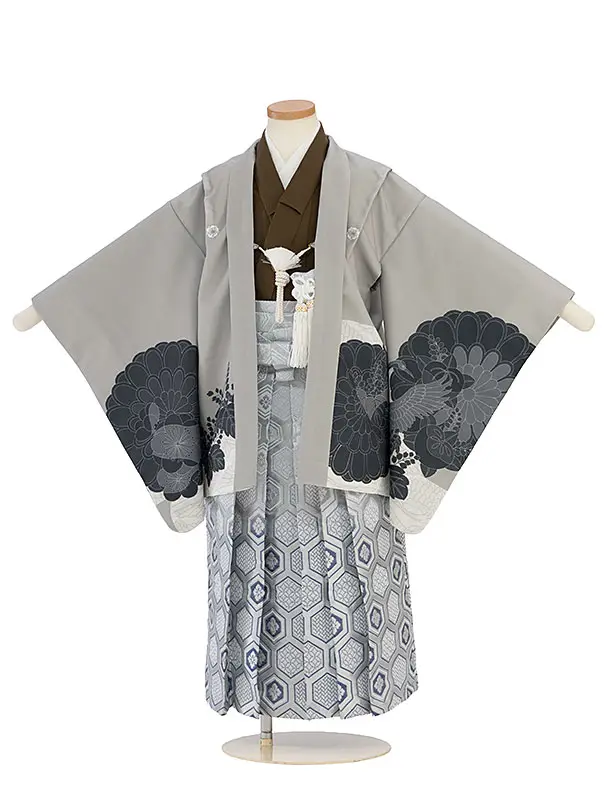 七五三レンタル(5歳6歳男児) 0758 グレー 鶴梅菊／シルバー 亀甲袴