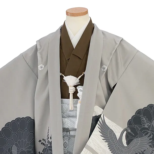 七五三レンタル(5歳6歳男児) 0758 グレー 鶴梅菊／シルバー 亀甲袴