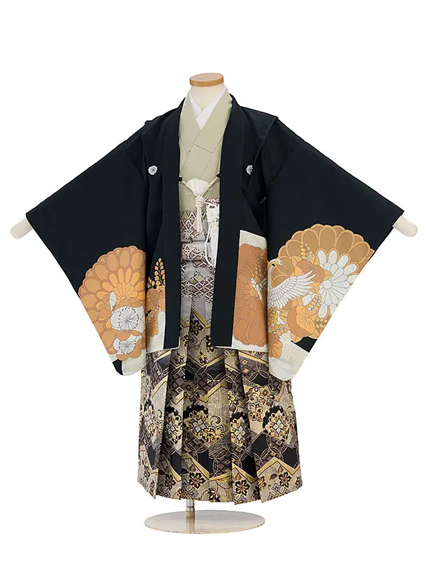 七五三レンタル(5歳6歳男児) 0759 黒 鶴梅菊／金 七宝雪輪袴