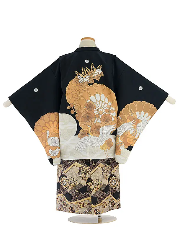 七五三レンタル(5歳6歳男児) 0759 黒 鶴梅菊／金 七宝雪輪袴