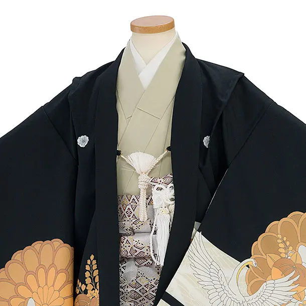 七五三レンタル(5歳6歳男児) 0759 黒 鶴梅菊／金 七宝雪輪袴