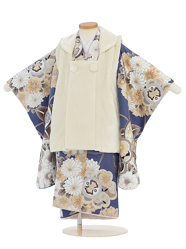 七五三レンタル(3歳男児被布) 0770 オフホワイト ベルベット／ブルー 菊橘