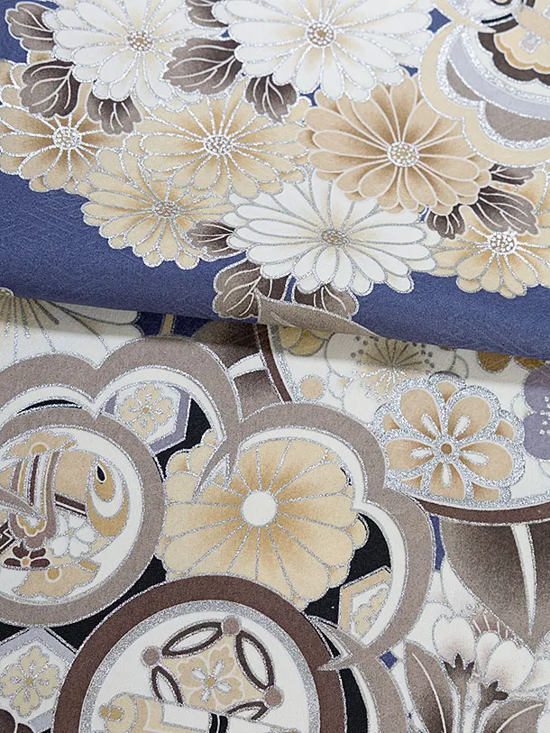 七五三レンタル(3歳男児被布) 0770 オフホワイト ベルベット／ブルー 菊橘