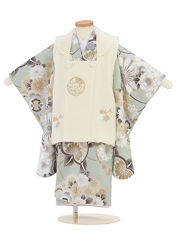 七五三レンタル(3歳男児被布) 0771 クリーム 鞠刺繍／淡グリーン 菊橘