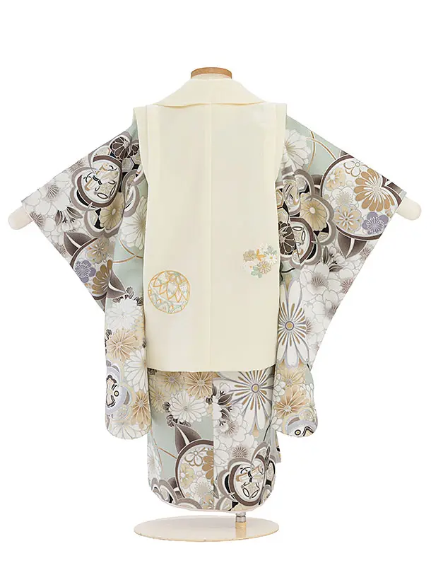 七五三レンタル(3歳男児被布) 0771 クリーム 鞠刺繍／淡グリーン 菊橘