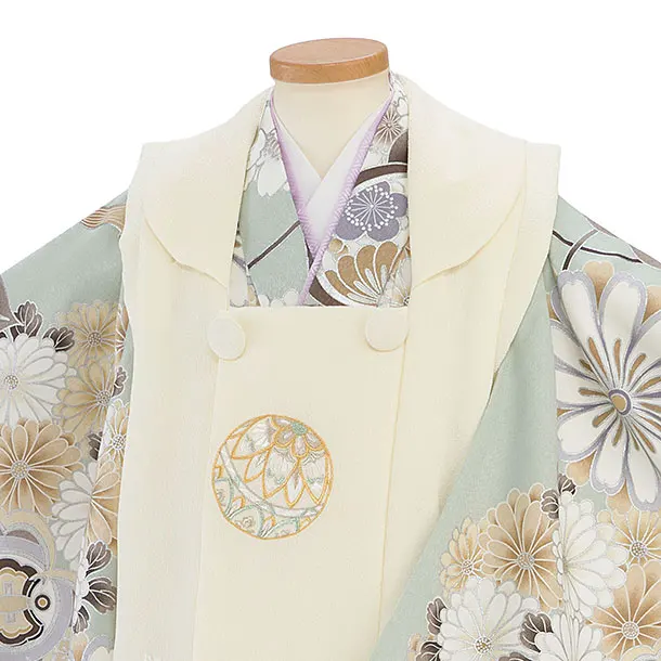 七五三レンタル(3歳男児被布) 0771 クリーム 鞠刺繍／淡グリーン 菊橘