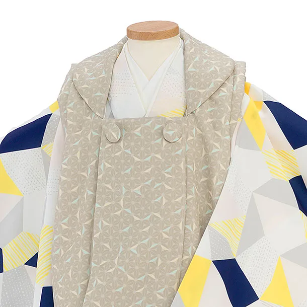 七五三(3歳男児被布) 0773 ベージュ 麻の葉／黄紺白グレー 幾何学模様
