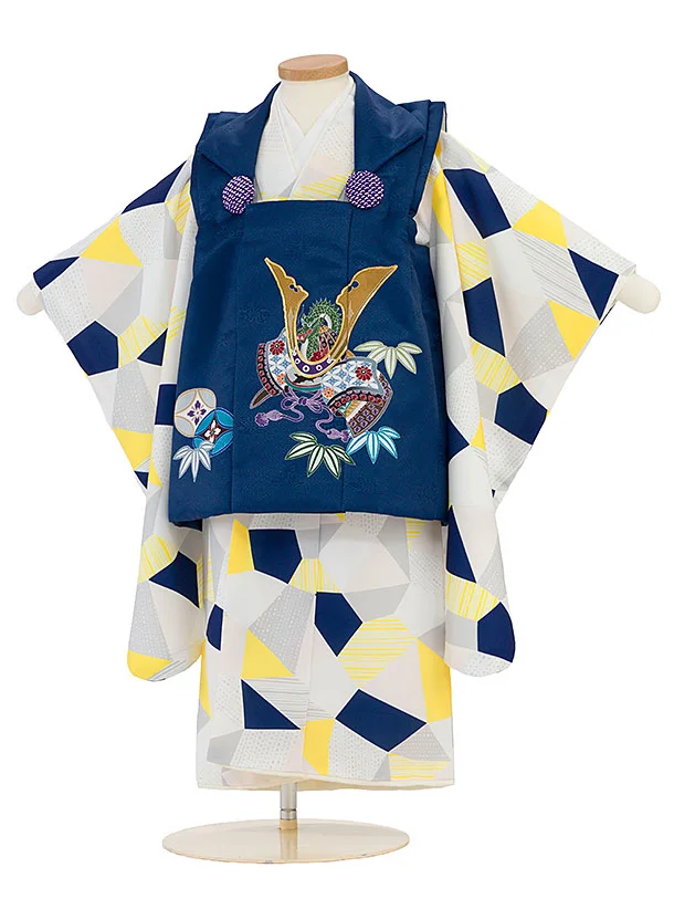 七五三レンタル(3歳男児被布) 0774 紺 兜／黄紺白グレー 幾何学模様