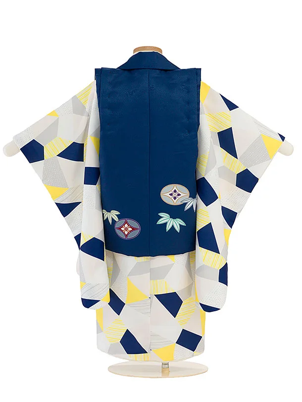 七五三レンタル(3歳男児被布) 0774 紺 兜／黄紺白グレー 幾何学模様