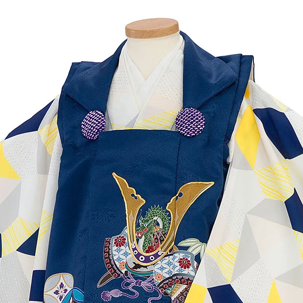 七五三レンタル(3歳男児被布) 0774 紺 兜／黄紺白グレー 幾何学模様