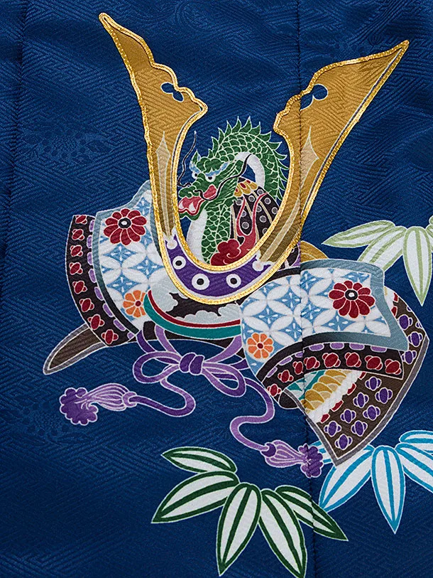 七五三レンタル(3歳男児被布) 0774 紺 兜／黄紺白グレー 幾何学模様