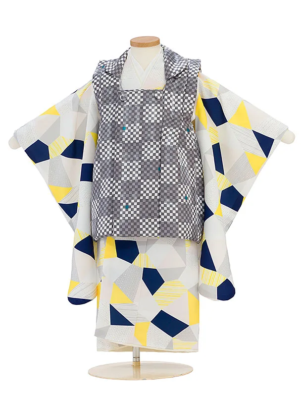 七五三(3歳男児被布) 0775 白×グレー 市松／黄紺白グレー 幾何学模様