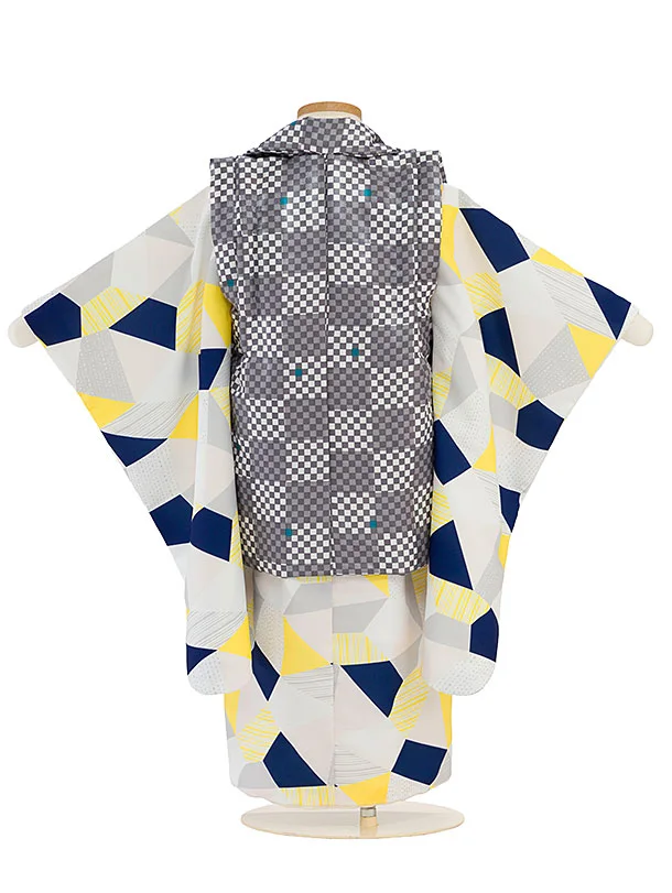 七五三(3歳男児被布) 0775 白×グレー 市松／黄紺白グレー 幾何学模様