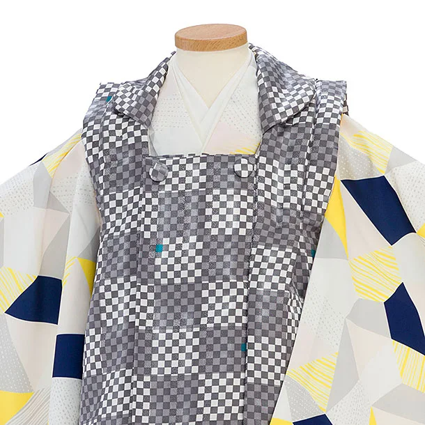 七五三(3歳男児被布) 0775 白×グレー 市松／黄紺白グレー 幾何学模様