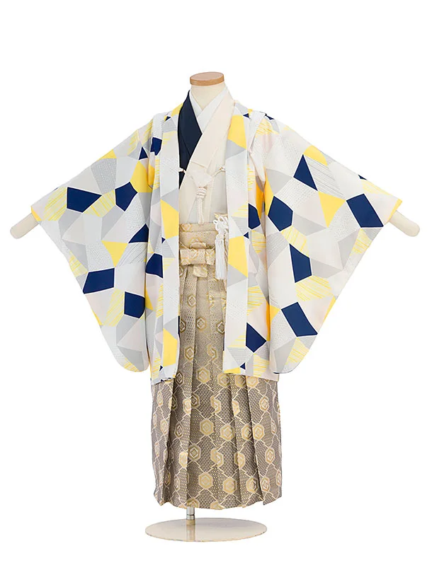 七五三レンタル(5歳男児) 0776 黄紺白グレー幾何学模様／金亀甲七宝つばぎ袴