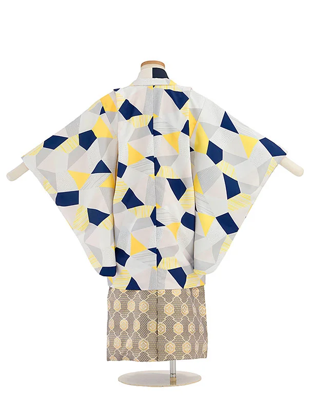 七五三レンタル(5歳男児) 0776 黄紺白グレー幾何学模様／金亀甲七宝つばぎ袴