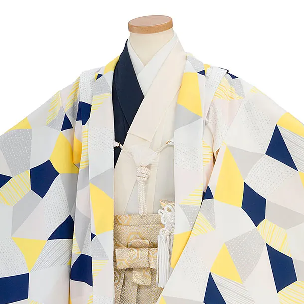 七五三レンタル(5歳男児) 0776 黄紺白グレー幾何学模様／金亀甲七宝つばぎ袴