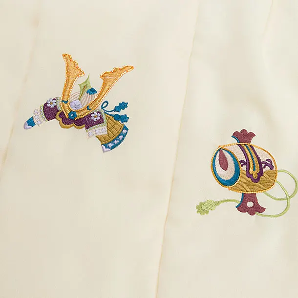 七五三レンタル(3歳男児被布) 0777 クリーム 兜刺繍×オフホワイト 矢羽