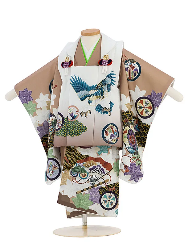 七五三レンタル(2歳3歳男児被布) 0778 白茶ぼかし 鷹×キャメル 青海波