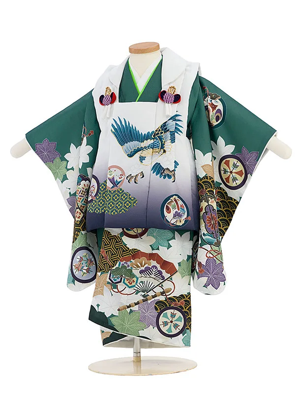 七五三レンタル(2歳3歳男児被布) 0779 白紺ぼかし 鷹×緑 青海波