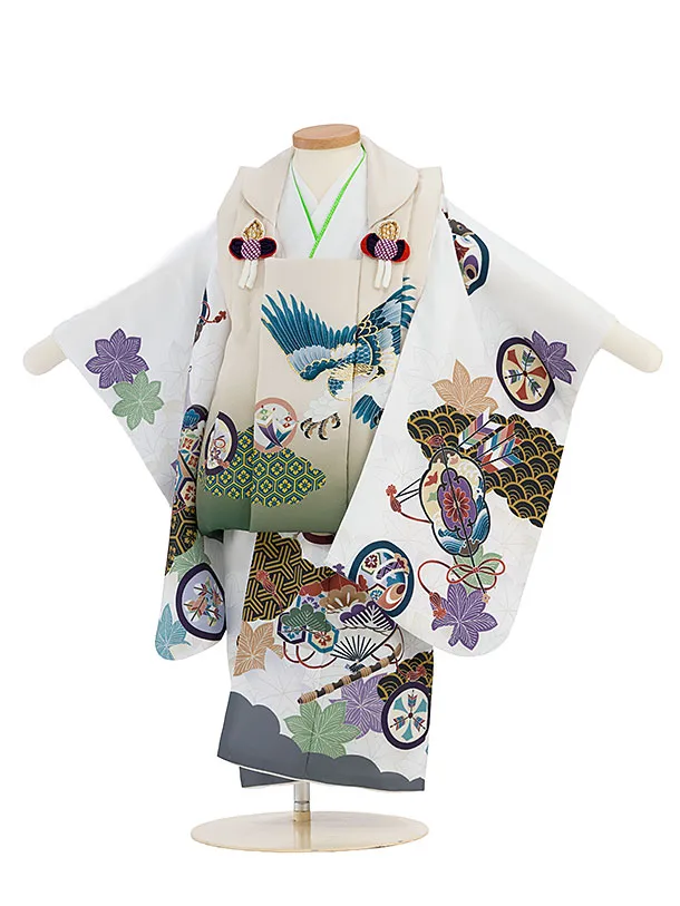 七五三(2歳3歳男児被布) 0780 ベージュグリーンぼかし 鷹×白 青海波