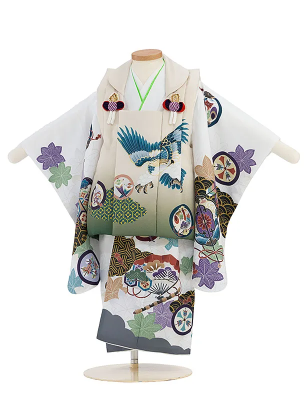 七五三(2歳3歳男児被布) 0780 ベージュグリーンぼかし 鷹×白 青海波