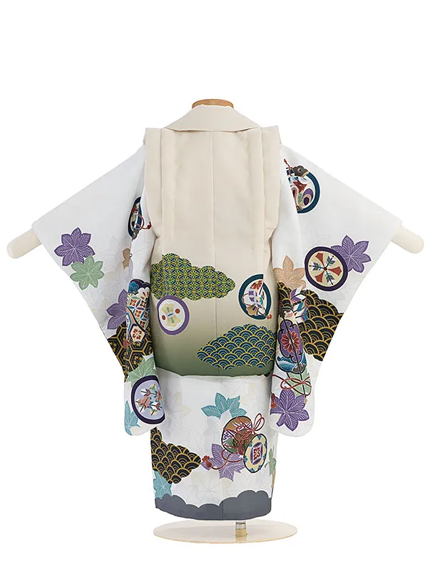 七五三(2歳3歳男児被布) 0780 ベージュグリーンぼかし 鷹×白 青海波