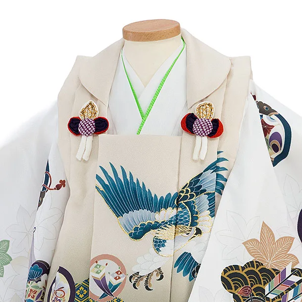 七五三(2歳3歳男児被布) 0780 ベージュグリーンぼかし 鷹×白 青海波