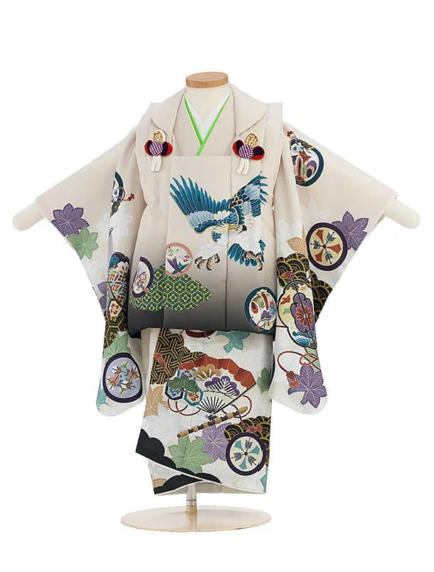 七五三(2歳3歳男児被布)0781 ベージュグレーぼかし 鷹×ベージュ 青海波