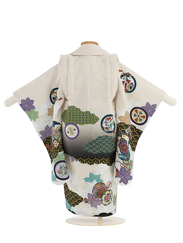 七五三(2歳3歳男児被布)0781 ベージュグレーぼかし 鷹×ベージュ 青海波