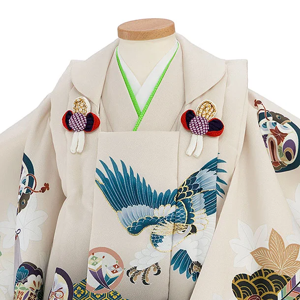 七五三(2歳3歳男児被布)0781 ベージュグレーぼかし 鷹×ベージュ 青海波