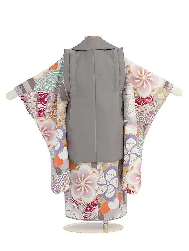 七五三レンタル(3歳男児被布) 0791 グレー まり桜×グレー 梅扇