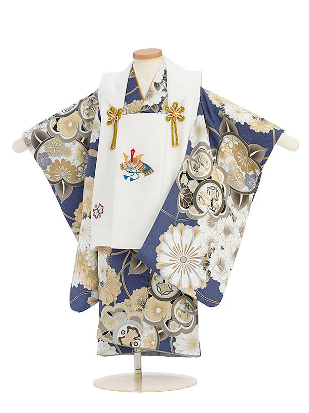 七五三レンタル(3歳男児被布) 0797 白 カブト×ブルー 花七宝尽くし