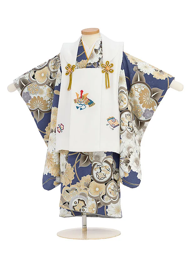 七五三レンタル(3歳男児被布) 0797 白 カブト×ブルー 花七宝尽くし