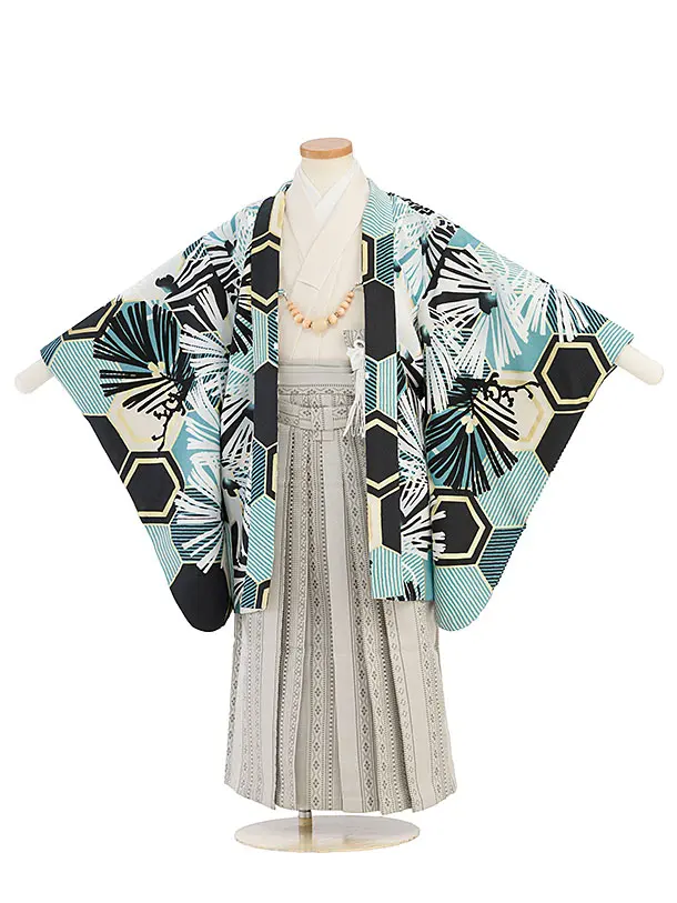 かんたん七五三(5歳6歳男児) 0834 花わらべ／青緑 松葉亀甲／グレー袴