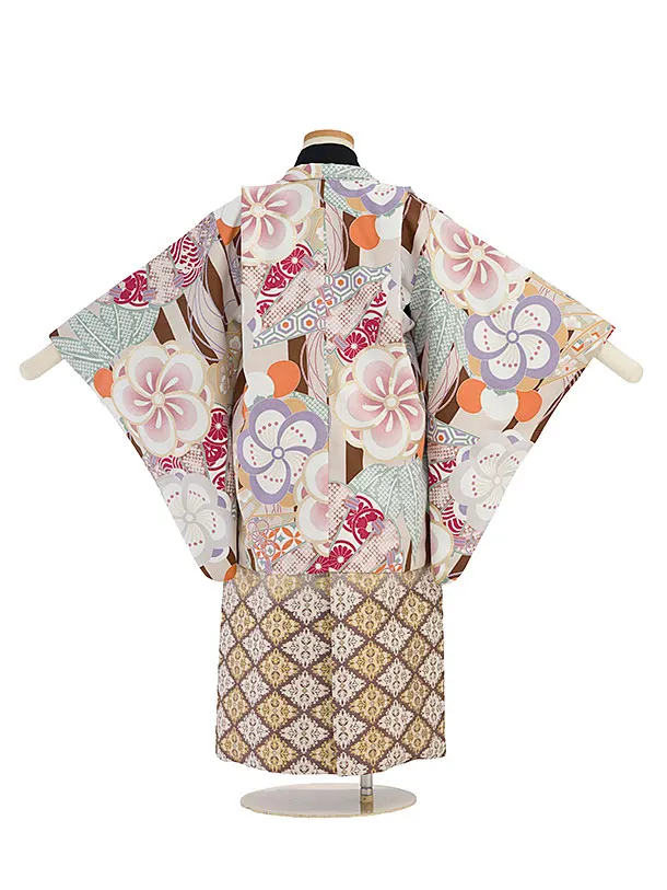 かんたん七五三(5歳男児) 0860 グレージュ 花扇／ゴールドパープル菱紋袴