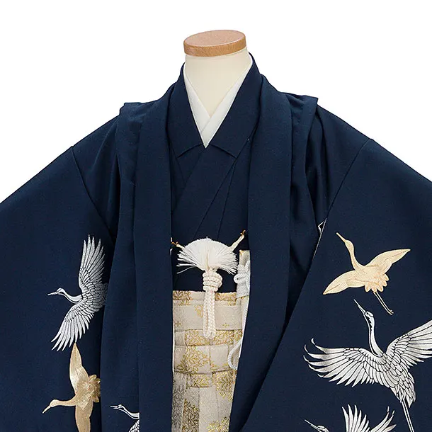 かんたん七五三レンタル(5歳男児) 0863 紺 鶴刺繍／ゴールドパープル菱紋袴