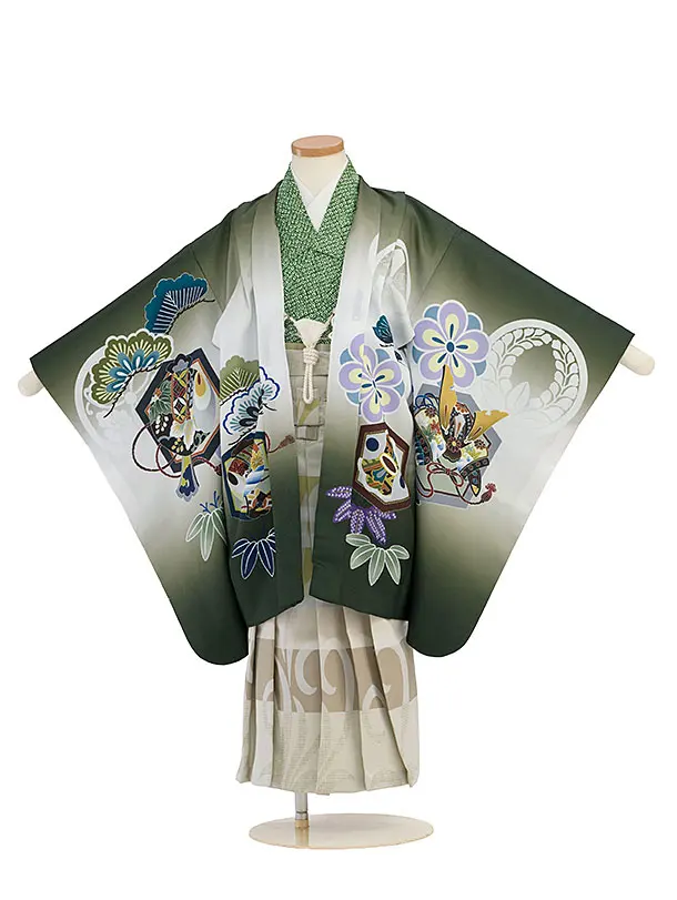 かんたん七五三レンタル(5歳6歳男児) B742 緑 鷹／ベージュ尾州織袴