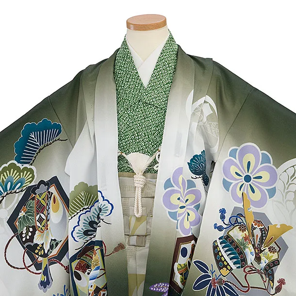 かんたん七五三レンタル(5歳6歳男児) B742 緑 鷹／ベージュ尾州織袴