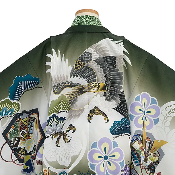 かんたん七五三レンタル(5歳6歳男児) B742 緑 鷹／ベージュ尾州織袴