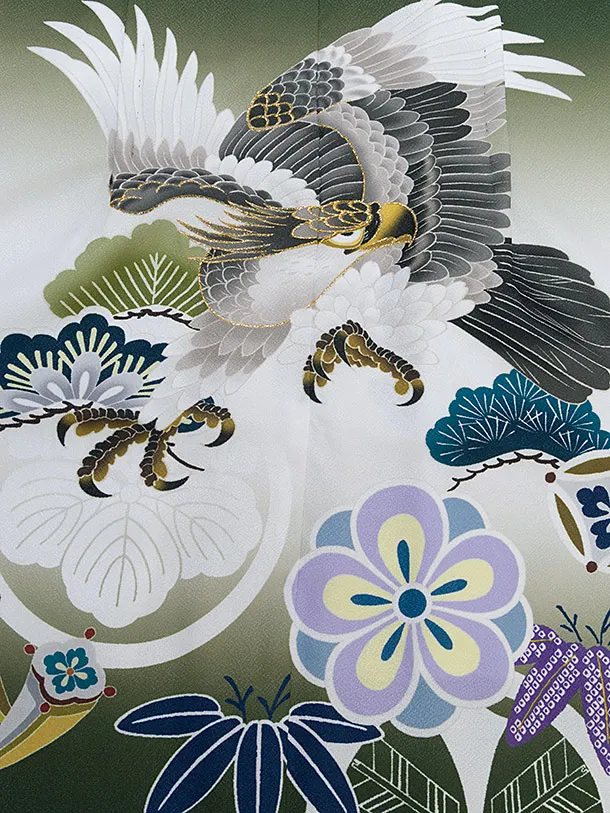 かんたん七五三レンタル(5歳6歳男児) B742 緑 鷹／ベージュ尾州織袴