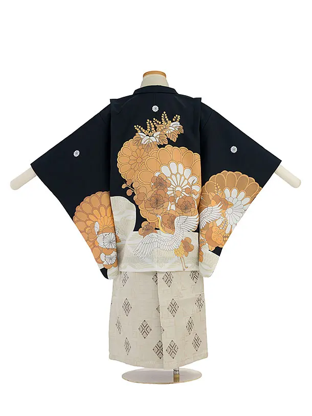 かんたん七五三レンタル(5歳男児) B750 黒 鶴梅菊／ベージュ菱袴
