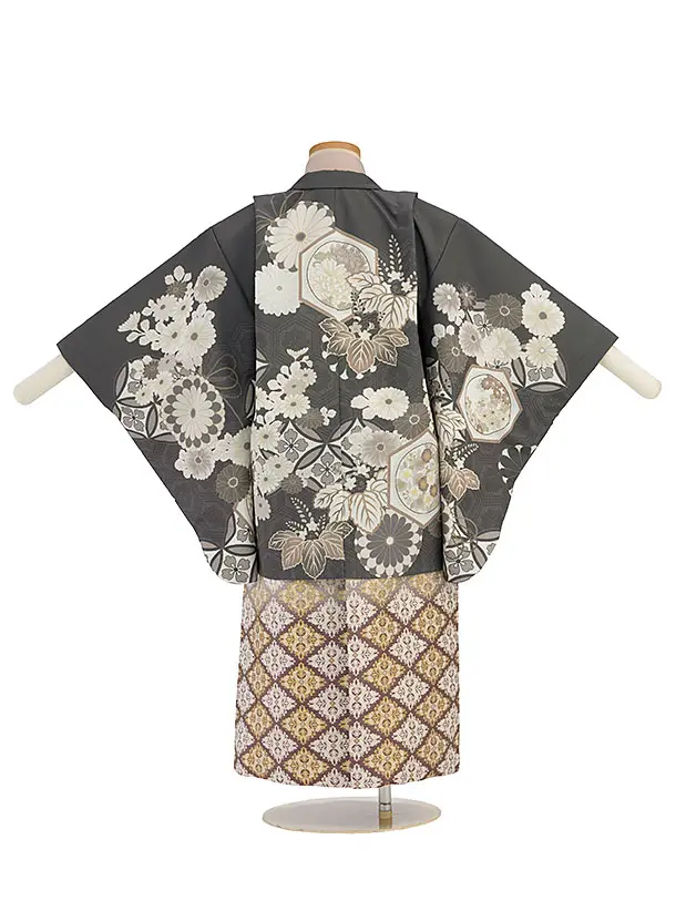 簡単七五三レンタル(5歳男児) B751 グレー 花七宝／ゴールドパープル菱紋袴