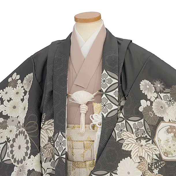 簡単七五三レンタル(5歳男児) B751 グレー 花七宝／ゴールドパープル菱紋袴