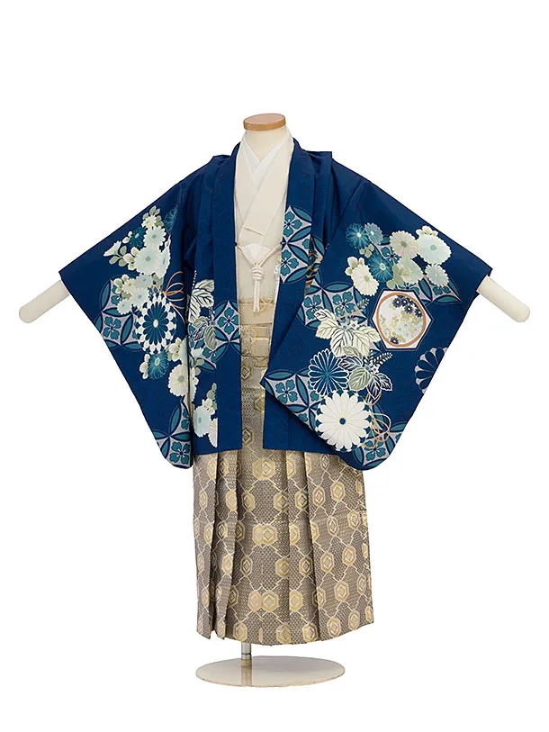 かんたん七五三レンタル(5歳男児) B753 紺 花七宝／金亀甲七宝つなぎ袴