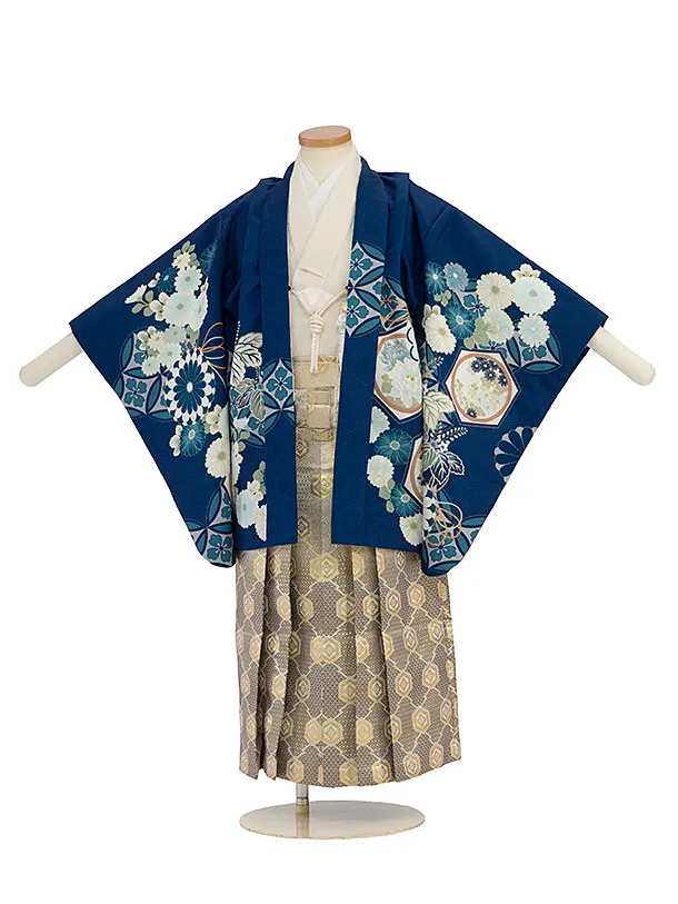 かんたん七五三レンタル(5歳男児) B753 紺 花七宝／金亀甲七宝つなぎ袴